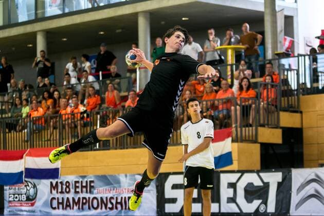 11 08 2018 Josef Welser Sports hall Tulln on the Danube AUT EHF M18 Championship 2018 Netherlands vs Bulgaria in the picture Martijn Kleijkers NED during the EHF M18 Championship 2018 Match between the Netherlands and Bulgaria at the Josef Welser sports hall Tulln on the Danube Austria on 2018 08 11 Tulln at the Donau  EX_PUC