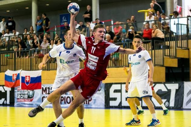11 08 2018 Josef Welser Sports hall Tulln on the Danube AUT EHF M18 Championship 2018 Kosovo vs Slovakia in the picture Matus Moravcik SVK during the EHF M18 Championship 2018 Match between Kosovo and Slovakia at the Josef Welser sports hall Tulln on the Danube Austria on 2018 08 11 Tulln the Danube  EX_PUC
