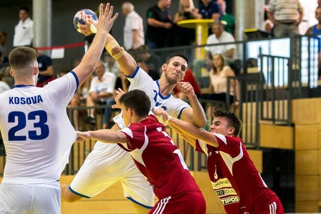 11 08 2018 Josef Welser Sports hall Tulln on the Danube AUT EHF M18 Championship 2018 Kosovo vs Slovakia in the picture Elion Vokshi KOS during the EHF M18 Championship 2018 Match between Kosovo and Slovakia at the Josef Welser sports hall Tulln on the Danube Austria on 2018 08 11 Tulln the Danube  EX_PUC