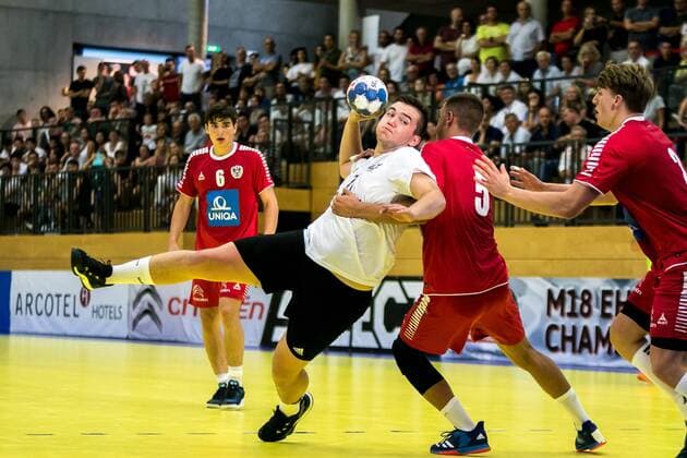 11 08 2018 Josef Welser Sports hall Tulln on the Danube AUT EHF M18 Championship 2018 Austria vs Latvia in picture Antons Suleiko LAT during the EHF M18 Championship 2018 Match between Austria and Latvia Slovakia at the Josef Welser sports hall Tulln on the Danube Austria on 2018 08 11 Tulln at the Donau  EX_PUC