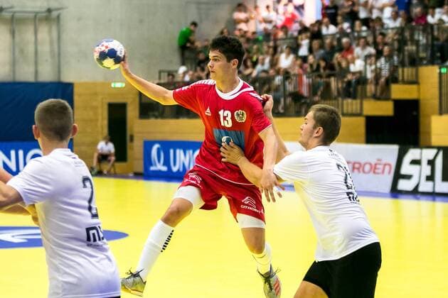 11 08 2018 Josef Welser Sporthalle Tulln on the Danube AUT EHF M18 Championship 2018 Austria vs Latvia in the picture Fabio Schuh AUT during the EHF M18 Championship 2018 Match between Austria and Latvia at the Josef Welser sports hall Tulln on the Danube Austria on 2018 08 11 Tulln at the Donau  EX_PUC