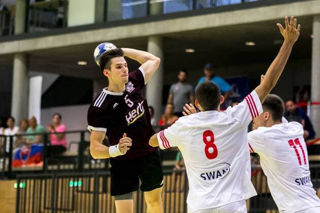10 08 2018 Josef Welser Sports hall Tulln on the Danube AUT EHF M18 Championship 2018 Slovakia vs Latvia in the picture Guntis Pilpuks LAT during the EHF M18 Championship 2018 Match between Slovakia and Latvia at the Josef Welser sports hall Tulln on the Danube Austria on 2018 08 10 Tulln the Danube  EX_PUC