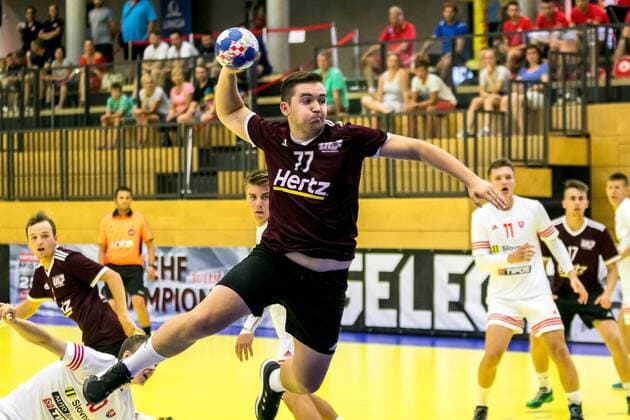10 08 2018 Josef Welser Sports hall Tulln on the Danube AUT EHF M18 Championship 2018 Slovakia vs Latvia in the picture Antons Suleiko LAT during the EHF M18 Championship 2018 Match between Slovakia and Latvia at the Josef Welser sports hall Tulln on the Danube Austria on 2018 08 10 Tulln the Danube  EX_PUC
