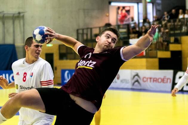 10 08 2018 Josef Welser Sports hall Tulln on the Danube AUT EHF M18 Championship 2018 Slovakia vs Latvia in the picture Antons Suleiko LAT during the EHF M18 Championship 2018 Match between Slovakia and Latvia at the Josef Welser sports hall Tulln on the Danube Austria on 2018 08 10 Tulln the Danube  EX_PUC