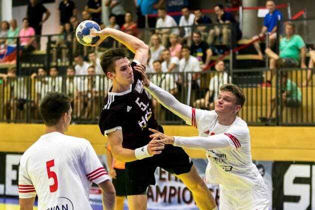 10 08 2018 Josef Welser Sports hall Tulln on the Danube AUT EHF M18 Championship 2018 Slovakia vs Latvia in the picture Guntis Pilpuks LAT during the EHF M18 Championship 2018 Match between Slovakia and Latvia at the Josef Welser sports hall Tulln on the Danube Austria on 2018 08 10 Tulln the Danube  EX_PUC