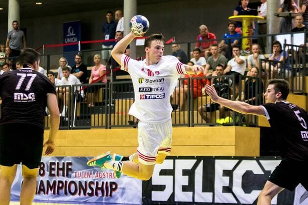 10 08 2018 Josef Welser Sports hall Tulln on the Danube AUT EHF M18 Championship 2018 Slovakia vs Latvia in the picture Andrej Sloboda SVK during the EHF M18 Championship 2018 Match between Slovakia and Latvia at the Josef Welser sports hall Tulln on the Danube Austria on 2018 08 10 Tulln the Danube  EX_PUC
