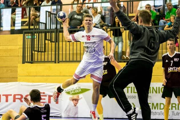 10 08 2018 Josef Welser Sports hall Tulln on the Danube AUT EHF M18 Championship 2018 Slovakia vs Latvia in the picture Martin Schmiedt SVK during the EHF M18 Championship 2018 Match between Slovakia and Latvia at the Josef Welser sports hall Tulln on the Danube Austria on 2018 08 10 Tulln the Danube  EX_PUC