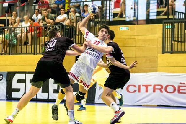 10 08 2018 Josef Welser Sports hall Tulln on the Danube AUT EHF M18 Championship 2018 Slovakia vs Latvia in the picture Tomas Smetanka SVK during the EHF M18 Championship 2018 Match between Slovakia and Latvia at the Josef Welser sports hall Tulln on the Danube Austria on 2018 08 10 Tulln the Danube  EX_PUC