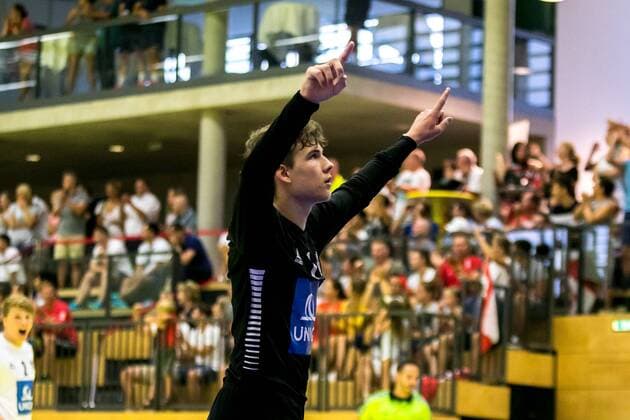 10 08 2018 Josef Welser Sports hall Tulln on the Danube AUT EHF M18 Championship 2018 Austria vs Bulgaria in the picture Constantin Mstl AUT during the EHF M18 Championship 2018 Match between Austria and Bulgaria at the Josef Welser sports hall Tulln on the Danube Austria on 2018 08 10 Tulln the Danube  EX_PUC