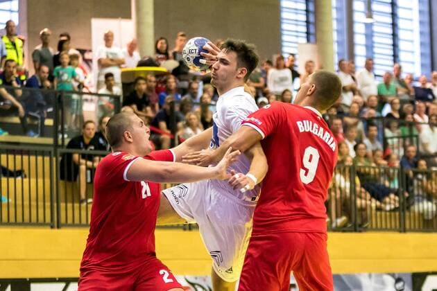 10 08 2018 Josef Welser Sports hall Tulln on the Danube AUT EHF M18 Championship 2018 Austria vs Bulgaria in the picture Marko Katic AUT during the EHF M18 Championship 2018 Match between Austria and Bulgaria at the Josef Welser sports hall Tulln on the Danube Austria on 2018 08 10 Tulln the Danube  EX_PUC
