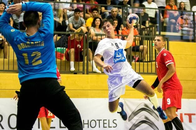 10 08 2018 Josef Welser Sports hall Tulln on the Danube AUT EHF M18 Championship 2018 Austria vs Bulgaria in the picture Elias Kropf AUT during the EHF M18 Championship 2018 Match between Austria and Bulgaria at the Josef Welser sports hall Tulln on the Danube Austria on 2018 08 10 Tulln the Danube  EX_PUC
