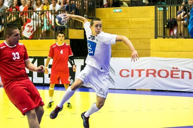 10 08 2018 Josef Welser Sports hall Tulln on the Danube AUT EHF M18 Championship 2018 Austria vs Bulgaria in the picture Andreas Drger AUT during the EHF M18 Championship 2018 Match between Austria and Bulgaria at the Josef Welser sports hall Tulln on the Danube Austria on 2018 08 10 Tulln the Danube  EX_PUC