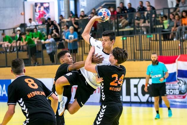 11 08 2018 Josef Welser Sports hall Tulln on the Danube AUT EHF M18 Championship 2018 Netherlands vs Bulgaria in the picture Preslav Stanchev BUL during the EHF M18 Championship 2018 Match between the Netherlands and Bulgaria at the Josef Welser sports hall Tulln on the Danube Austria on 2018 08 11 Tulln at the Donau  EX_PUC