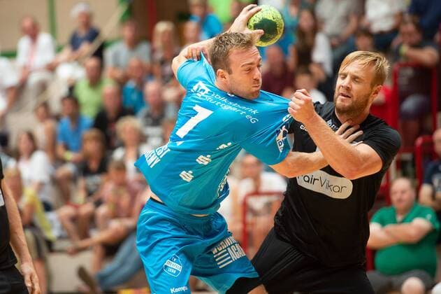 7 Bobby Schagen TVB 1898 Stuttgart 27 Gunnar Stein Jonsson Ribe Esbjerg HH TVB 1898 Stuttgart vs Ribe Esbjerg HH Sparkassencup 2018 Handball Men Handboldligaen 1 Bundesliga 12 08 2018 Sparkassen Cup Ehingen 2018 12 08 2018 Ehingen Copyright: xEIBNER Michael_Schmidtx EP_MST