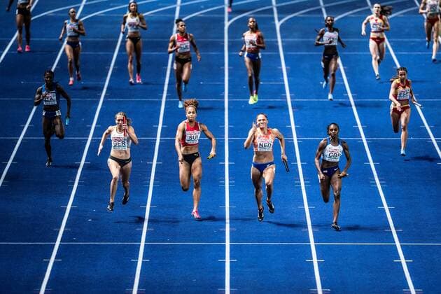 Berlin Germany 12 08 2018 Rebekka Haase Germany Salome Kora Switzerland Naomi Sedney Netherlands and Dina Asher Smith Great Britain Great Britain on the home stretch at the 4x100m relay at the European Athletics Championships 2018 in the Olympic Stadium