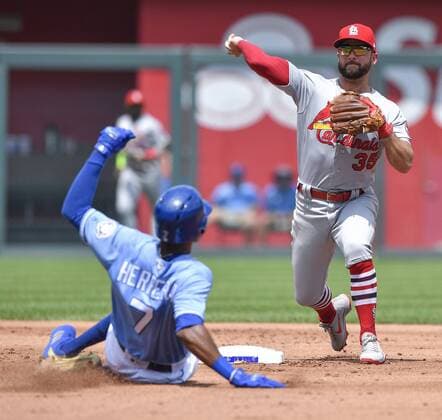August 12, 2018 - Kansas City, MO, USA - St. Louis Cardinals second baseman Greg Garcia forces out Kansas City Royals Rosell Herrera at second and completes the double play on Jorge Bonifacio to end the first inning on Sunday, Aug. 12, 2018 at Kauffman Stadium in Kansas City, Mo. St. Louis Cardinals vs. Kansas City Royals - ZUMAm67_ 20180812_zaf_m67_029 Copyright: xJohnxSleezerx