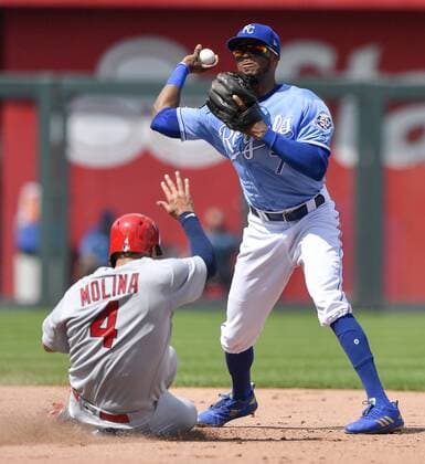 August 12, 2018 - Kansas City, MO, USA - Kansas City Royals second baseman Rosell Herrera forces out St. Louis Cardinals Yadier Molina at second and completes the double play on Jose Martinez to end the top of the seventh inning on Sunday, Aug. 12, 2018 at Kauffman Stadium in Kansas City, Mo. St. Louis Cardinals vs. Kansas City Royals - ZUMAm67_ 20180812_zaf_m67_062 Copyright: xJohnxSleezerx