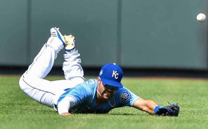 August 12, 2018 - Kansas City, MO, USA - Kansas City Royals second baseman Whit Merrifield misses an RBI double by St. Louis Cardinals Greg Garcia to score Marcell Ozuna in the eighth inning on Sunday, Aug. 12, 2018 at Kauffman Stadium in Kansas City, Mo. St. Louis Cardinals vs. Kansas City Royals - ZUMAm67_ 20180812_zaf_m67_065 Copyright: xJohnxSleezerx