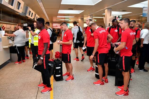 SOCCER - UEFA CL quali, Shkendija vs RBS SALZBURG,AUSTRIA,13.AUG.18 - SOCCER - UEFA Champions League, qualification, KF Shkendija vs Red Bull Salzburg, mixed zone. Image shows the team of RBS. GEPAxpictures xFlorianxErtl