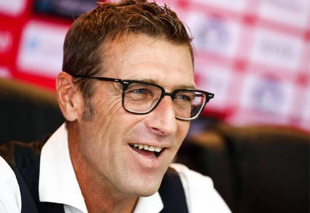 MOSCOW REGION, RUSSIA - AUGUST 13, 2018: FC Spartak Moscow s head coach Massimo Carrera smiles during a press conference PK Pressekonferenz ahead of Spartak Moscow s UEFA Champions League qualifying round match against FC PAOK Thessaloniki scheduled for August 14, 2018. Stanislav Krasilnikov TASS  TS08CA08