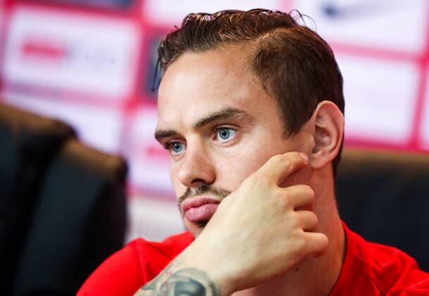MOSCOW REGION, RUSSIA - AUGUST 13, 2018: FC Spartak Moscow s Andrei Yeshchenko looks on during a press conference PK Pressekonferenz ahead of Spartak Moscow s UEFA Champions League qualifying round match against FC PAOK Thessaloniki scheduled for August 14, 2018. Stanislav Krasilnikov TASS  TS08CA09