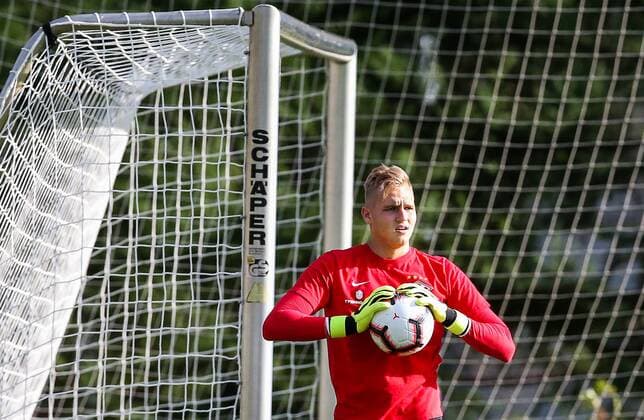 MOSCOW REGION, RUSSIA - AUGUST 13, 2018: FC Spartak Moscow s goalkeeper Alexander Maximenko during a training session at a training base in the village of Tarasovka ahead of a UEFA Champions League qualifying round match against FC PAOK Thessaloniki scheduled for August 14, 2018. Stanislav Krasilnikov TASS  TS08CA34