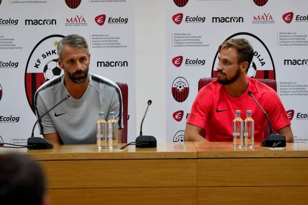 SOCCER - UEFA CL quali, Shkendija vs RBS SKOPJE,MACEDONIA,13.AUG.18 - SOCCER - UEFA Champions League, qualification, KF Shkendija vs Red Bull Salzburg, press conference PK Pressekonferenz Image shows head coach Marco Rose and Andreas Ulmer (RBS). GEPAxpictures xFlorianxErtl