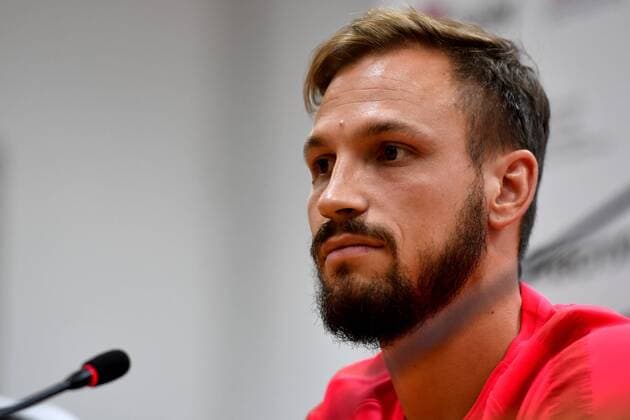SOCCER - UEFA CL quali, Shkendija vs RBS SKOPJE,MACEDONIA,13.AUG.18 - SOCCER - UEFA Champions League, qualification, KF Shkendija vs Red Bull Salzburg, press conference PK Pressekonferenz Image shows Andreas Ulmer (RBS). GEPAxpictures xFlorianxErtl