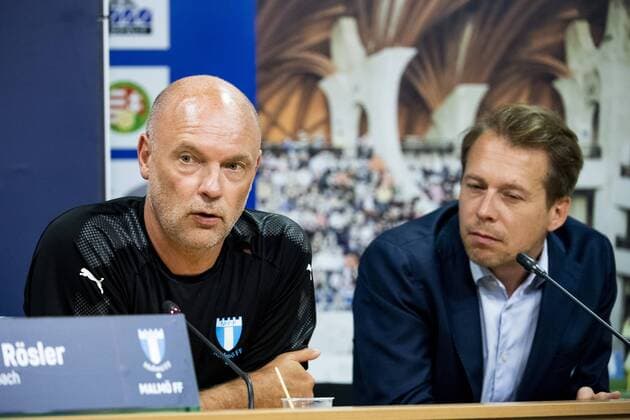180813 Head coach Uwe Rösler and press officer Peter Hlander of Malmö FF during a press conference ahead of the UEFA Champions League qualifying match between Vidi and Malmö FF on August 13, 2018 in Felcsut Photo Ludvig Thunman BILDBYR N code LT 35515  Copyright: LUDVIGxTHUNMAN BB180813LT026
