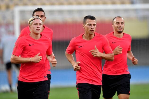SOCCER - UEFA CL quali, Shkendija vs RBS SKOPJE,MACEDONIA,13.AUG.18 - SOCCER - UEFA Champions League, qualification, KF Shkendija vs Red Bull Salzburg, training. Image shows Stefan Lainer Darko Todorovic (RBS). GEPAxpictures xFlorianxErtl