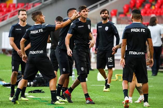 MOSCOW, RUSSIA - AUGUST 13, 2018: FC PAOK Thessaloniki s players during a training session at Otkrytie Arena ahead of a UEFA Champions League qualifying round match against FC Spartak Moscow scheduled for August 14, 2018. Anton Novoderezhkin TASS  TS08CA8C
