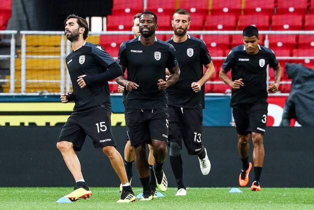MOSCOW, RUSSIA - AUGUST 13, 2018: FC PAOK Thessaloniki s Jose Angel Crespo, Fernando Varela, Stelios Malezas, and Leo Matos (L-R) during a training session at Otkrytie Arena ahead of a UEFA Champions League qualifying round match against FC Spartak Moscow scheduled for August 14, 2018. Anton Novoderezhkin TASS  TS08CA92