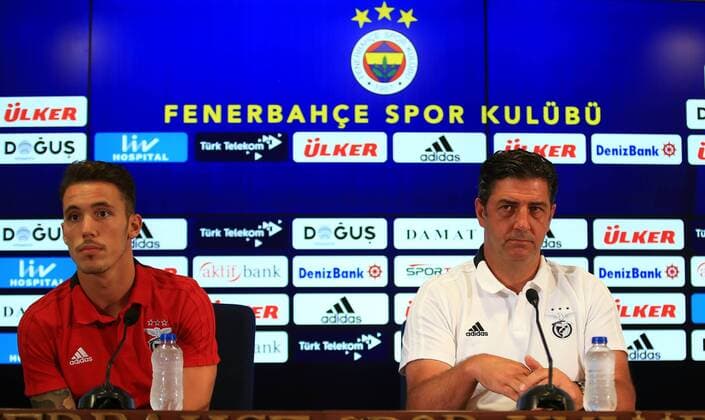 Benfica s Football Team Coach Rui Vitoria and player Alex Grimaldo gives a press conference PK Pressekonferenz on the eve of the team s a day before their UEFA Champions League qualification second leg match against Fenerbahce on August 13 , 2018 in Istanbul , Turkey. 