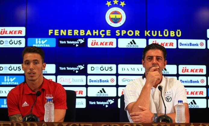 Benfica s Football Team Coach Rui Vitoria and player Alex Grimaldo gives a press conference PK Pressekonferenz on the eve of the team s a day before their UEFA Champions League qualification second leg match against Fenerbahce on August 13 , 2018 in Istanbul , Turkey. 