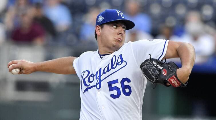 August 13, 2018 - Kansas City, MO, USA - Kansas City Royals starting pitcher Brad Keller throws in the first inning against the Toronto Blue Jays on Monday, Aug. 13, 2018, at Kauffman Stadium in Kansas City, Mo. Toronto at Kansas City - ZUMAm67_ 20180813_zaf_m67_051 Copyright: xJohnxSleezerx
