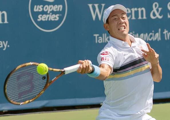 Tennis: Nishikori at W&amp;S Open Japan s Kei Nishikori hits a forehand during a first-round match against Russia s Andrey Rublev at the Western &amp; Southern Open in Cincinnati, Ohio, on Aug. 13, 2018. Nishikori won 7-5, 6-3. 