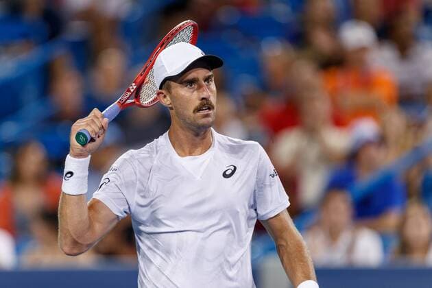 CINCINNATI, OH - AUGUST 13: Steve Johnson (USA) reacts during the Western & Southern Open at the Lindner Family Tennis Center in Mason, Ohio on August 13, 2018. (Photo by Adam Lacy Icon Sportswire) TENNIS: AUG 13 Western & Southern Open Icon180813028 EDITORIAL USE ONLY