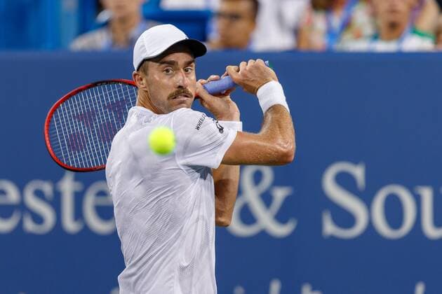CINCINNATI, OH - AUGUST 13: Steve Johnson (USA) focuses on a shot during the Western & Southern Open at the Lindner Family Tennis Center in Mason, Ohio on August 13, 2018. (Photo by Adam Lacy Icon Sportswire) TENNIS: AUG 13 Western & Southern Open Icon180813035 EDITORIAL USE ONLY