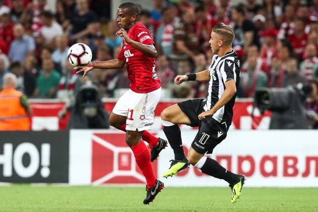 MOSCOW, RUSSIA - AUGUST 14, 2018: Spartak Moscowâ€™s Lucas Fernando (L) and PAOK Thessalonikiâ€™s Dimitris Pelkas in their 2018-19 UEFA Champions League third qualifying round match at Moscow s Otrkitie Arena. Stanislav Krasilnikov TASS  TS08CC10