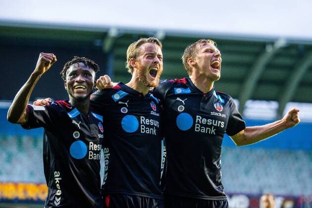 180814 Mamudu Moro and Andri Runar Bjarnason cheer with Rasmus Jönsson after 1 4 during the UEFA Champions League qualifying match between Vidi and Malmö FF on August 14, 2018 in Felcsut Photo Ludvig Thunman BILDBYR N code LT 35516  Copyright: LUDVIGxTHUNMAN BB180814LT041
