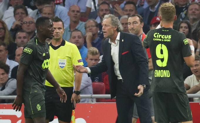 Standard s head coach Michel Preud homme pictured during a soccer game between Dutch club AFC Ajax and Belgian team Standard de Liege, Tuesday 14 August 2018 in Amsterdam, the Netherlands, the return leg of the third qualifying round of the UEFA Champions League. The first leg resulted in a 2-2 draw. VIRGINIExLEFOUR  x05405864x