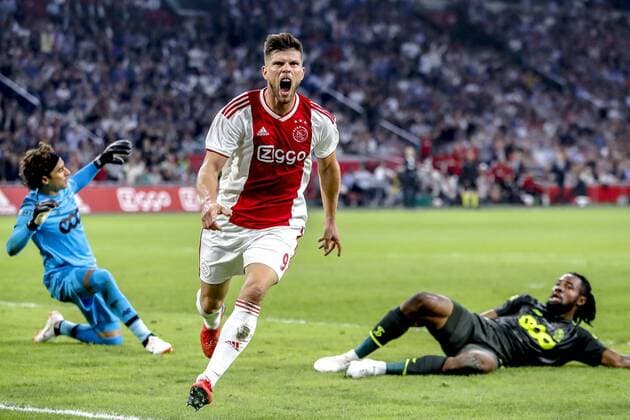 AMSTERDAM, 14-08-2018 , Johan Cruyff-Arena , football season 2018 2019, UEFA Champions League third qualifying round, 2nd leg , Ajax player Klaas Jan Huntelaar (C) celebrating the 1-0 during the game Ajax - Standard Luik Ajax - Standard Luik  x2399151x