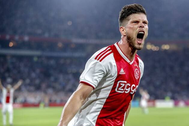 AMSTERDAM, 14-08-2018 , Johan Cruyff-Arena , football season 2018 2019, UEFA Champions League third qualifying round, 2nd leg , Ajax player Klaas Jan Huntelaar (C) celebrating the 1-0 during the game Ajax - Standard Luik Ajax - Standard Luik  x2399161x