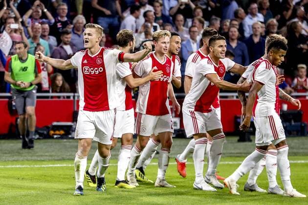 AMSTERDAM, 14-08-2018 , Johan Cruyff-Arena , football season 2018 2019, UEFA Champions League third qualifying round, 2nd leg , Ajax player Matthijs de Ligt (L) celebrating the 2-0 during the game Ajax - Standard Luik . Ajax - Standard Luik  x2399162x