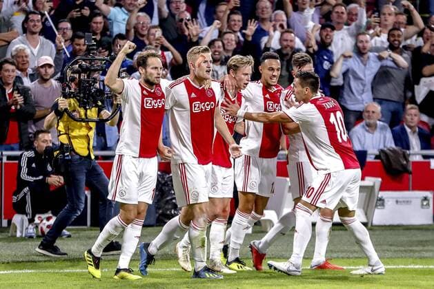 AMSTERDAM, 14-08-2018 , Johan Cruyff-Arena , football season 2018 2019, UEFA Champions League third qualifying round, 2nd leg , Ajax player Matthijs de Ligt (L) celebrating the 2-0 during the game Ajax - Standard Luik . Ajax - Standard Luik  x2399166x