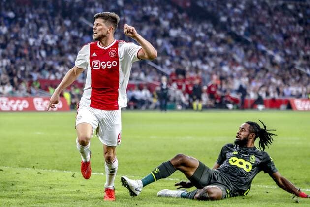 AMSTERDAM, 14-08-2018 , Johan Cruyff-Arena , football season 2018 2019, UEFA Champions League third qualifying round, 2nd leg , Ajax player Klaas Jan Huntelaar (L) scores the 1-0 during the game Ajax - Standard Luik . Ajax - Standard Luik  x2399169x