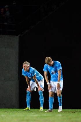 180814 Sören Rieks and Oscar Lewicki of Malmö FF looks dejected after the UEFA Champions League qualifying match between Vidi and Malmö FF on August 14, 2018 in Felcsut Photo Ludvig Thunman BILDBYR N code LT 35516  Copyright: LUDVIGxTHUNMAN BB180814LT101