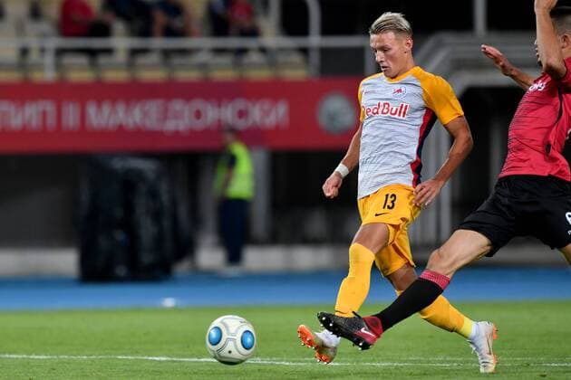 SOCCER - UEFA CL quali, Shkendija vs RBS SKOPJE,MACEDONIA,14.AUG.18 - SOCCER - UEFA Champions League, qualification, KF Shkendija vs Red Bull Salzburg. Image shows Hannes Wolf (RBS) and Visar Musliu (Shkendjia). GEPAxpictures xFlorianxErtl