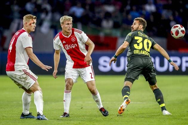 AMSTERDAM, 14-08-2018 , Johan Cruyff-Arena , football season 2018 2019, UEFA Champions League third qualifying round, 2nd leg , Ajax player Rasmus Kristensen (C) and Ajax player Matthijs de Ligt (L) and Standard player Orlando Sa (R) during the game Ajax - Standard Luik . Ajax - Standard Luik  x2399207x