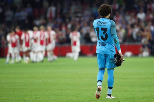 Standard s Guillermo Ochoa looks dejected after a soccer game between Dutch club AFC Ajax and Belgian team Standard de Liege, Tuesday 14 August 2018 in Amsterdam, the Netherlands, the return leg of the third qualifying round of the UEFA Champions League. The first leg resulted in a 2-2 draw. VIRGINIExLEFOUR  x05405934x